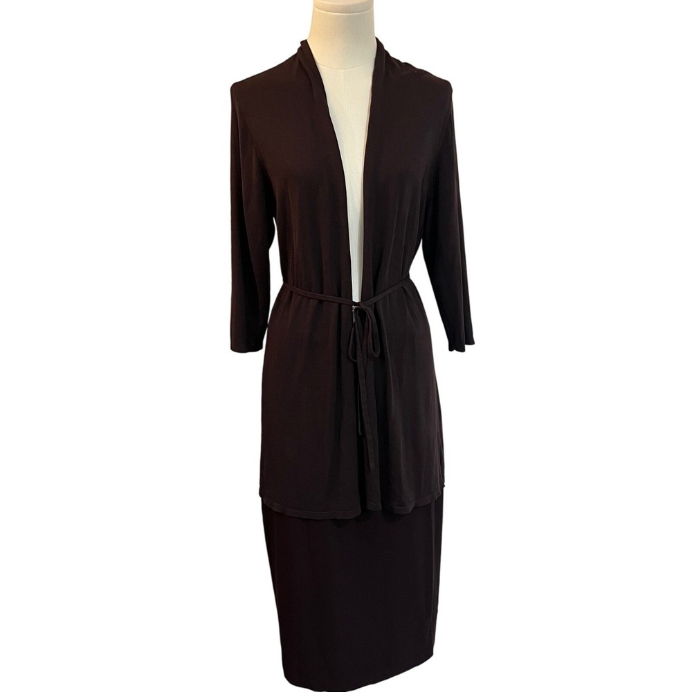 Eileen Fisher Silk Knit 2 Piece Set Cardigan Skirt Capsule Minimalist Brown PL M